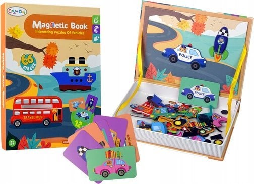 LeanToys Magnetyczna Układanka Książka Pojazdy Karty Helikopter Policja LEAN Toys