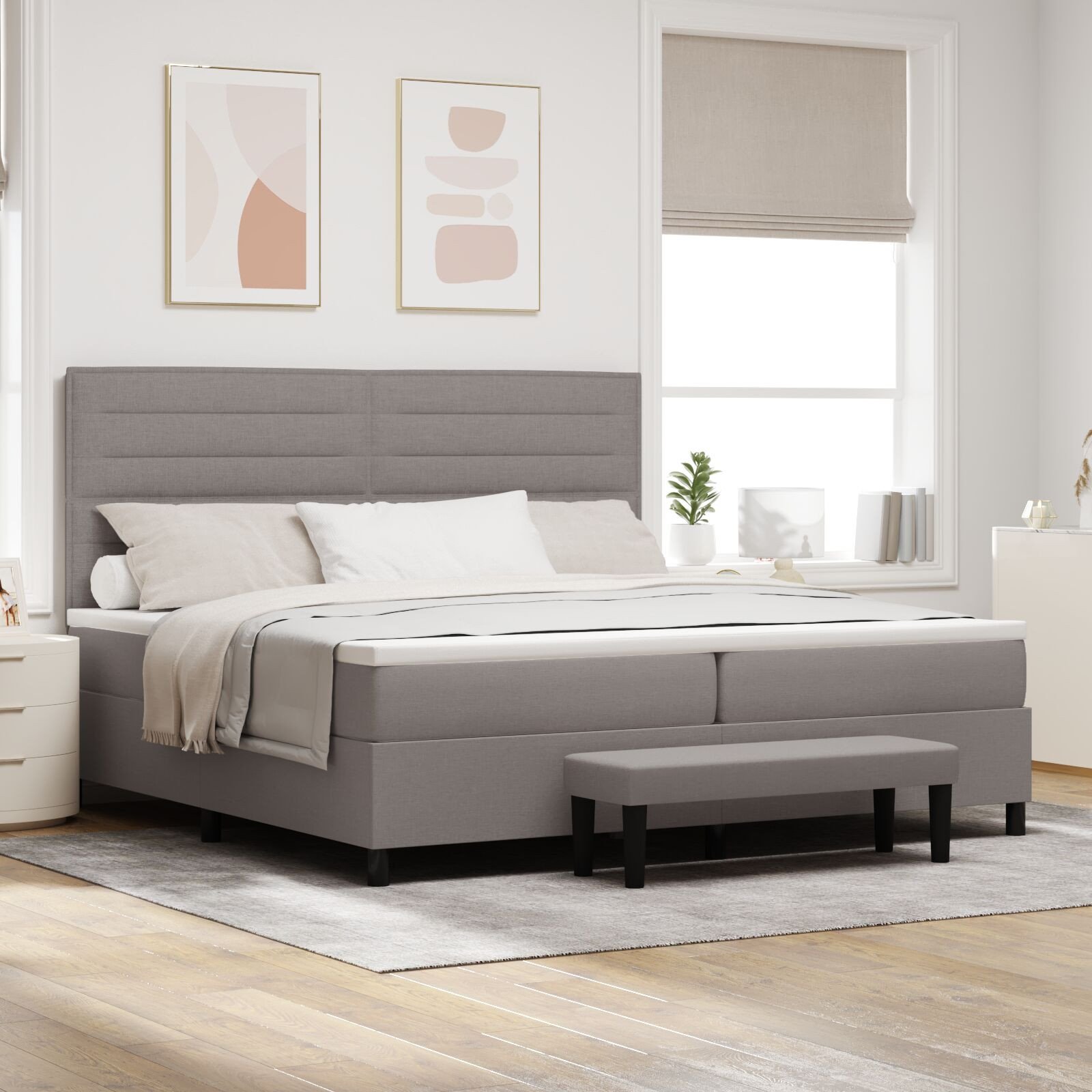 vidaXL Łóżko box spring z materacem i ławką taupe 200x200 cm Tkanina