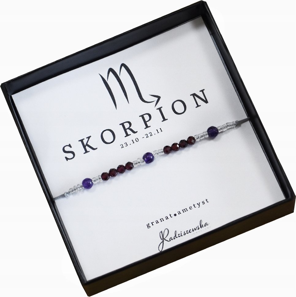 Radziszewska Jewellery Bransoletka z Kamieni Naturalnych SKORPION Znak Zodiaku Ametryna Granat 925