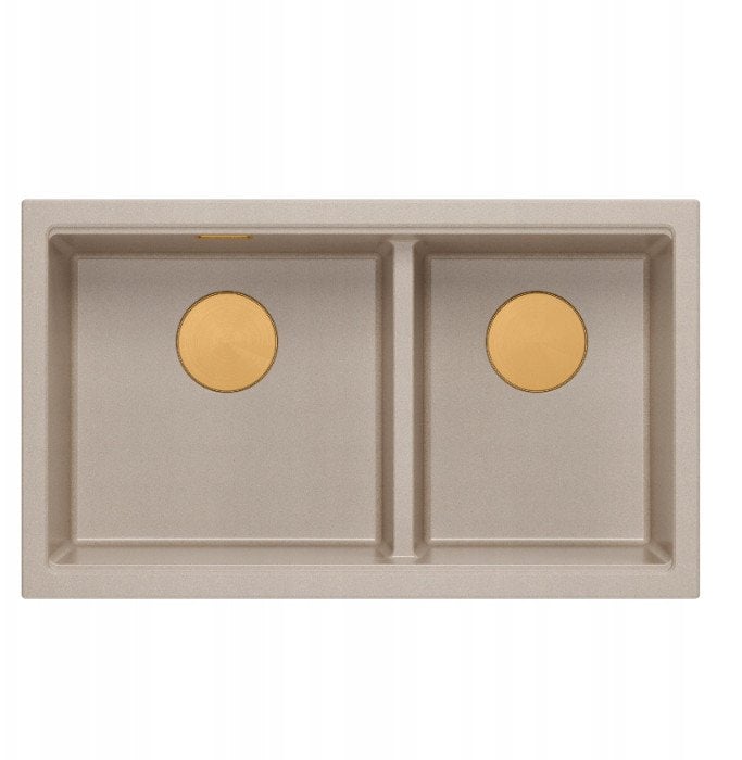 QUADRON | LOGAN 120 | granitowy zlewozmywak kuchenny PEARL BEIGE + MIEDŹ PVD | wymiar: 76 x 45 x 23,5 cm | 2-komorowy wpuszczany | podbudowa szafki od