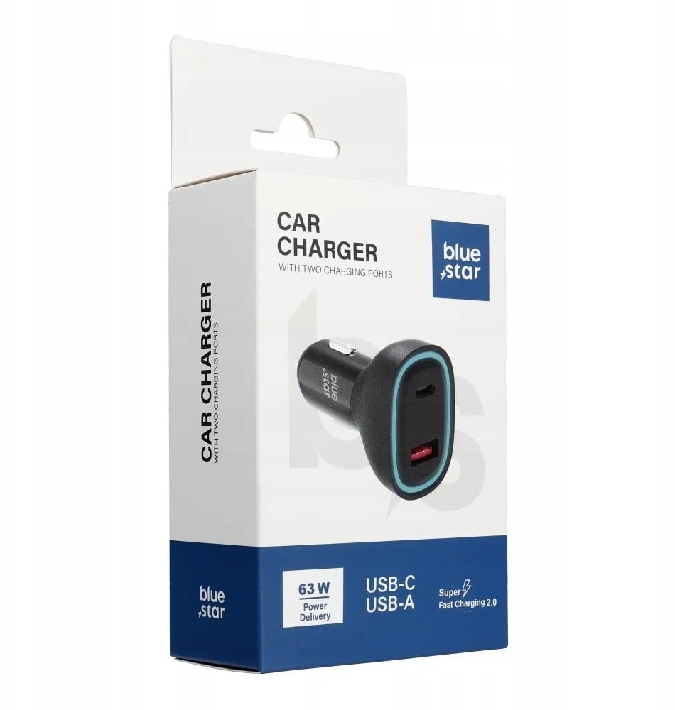 Ładowarka samochodowa Blue Star USB C + USB A QC3.0 PD AFC PPS SFC2.0 3A 63W czarna