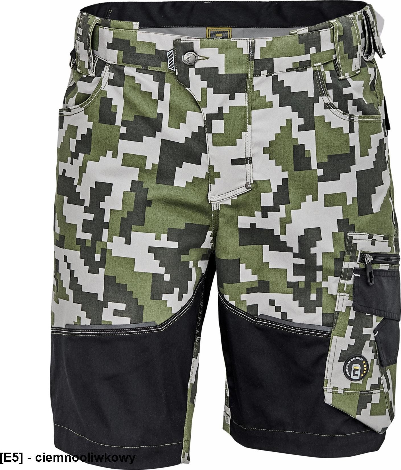 CERVA NEURUM CAMOUFLAGE szorty - męskie szorty robocze, 6 kieszeni, elastyczny materiał Trifibetex z nadrukiem moro, odblaski - ciemnooliwkowy 64