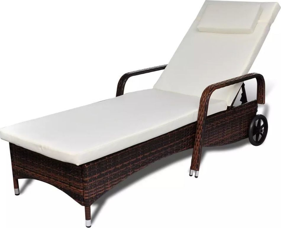 vidaXL leżak z poduszką i kółkami, rattan PE, brązowy (42476)