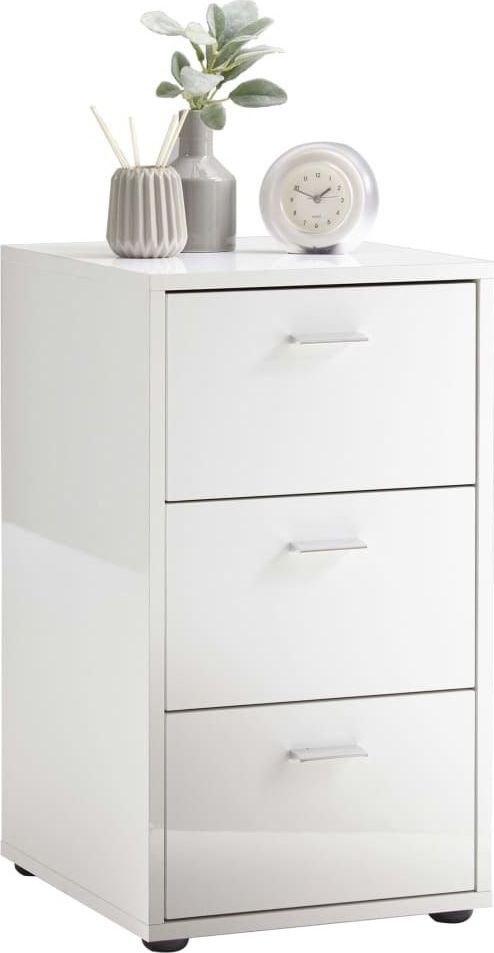 FMD FMD Stolik nocny z 3 szufladami, biały na wysoki połysk
