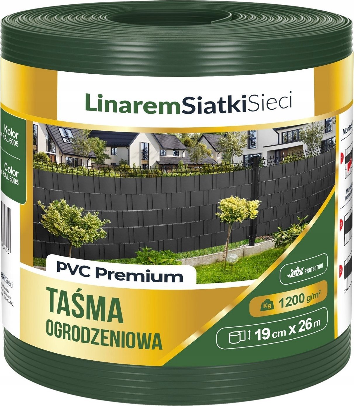 Linarem SiatkiSieci TAŚMA OGRODZENIOWA PREMIUM 1200g ZIELONA DO OGRODZENIA PANELOWEGO 19cmx26m