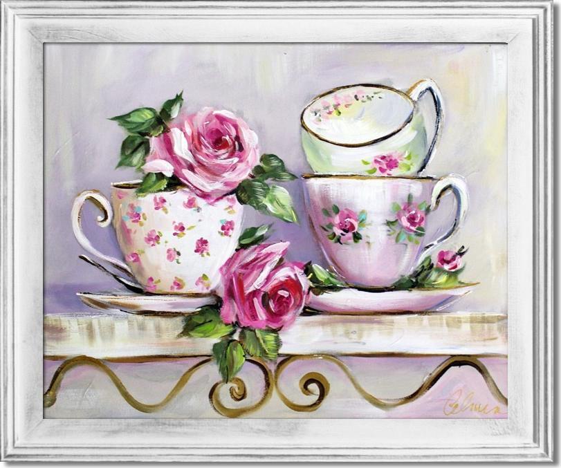 ART-POL Obraz olejny ręcznie malowany na płótnie 54x64cm kolorowe filiżanki