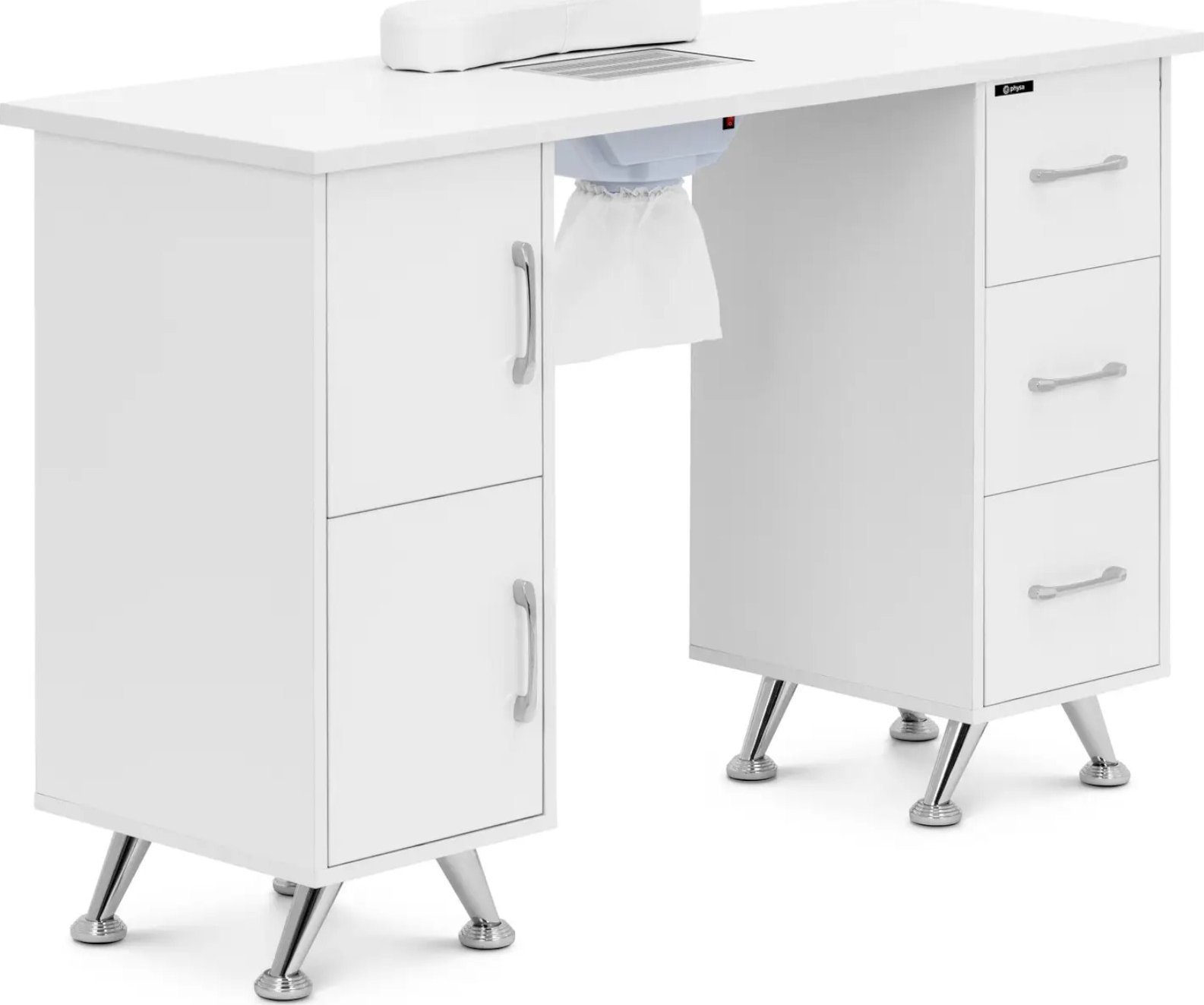Biurko kosmetyczne do manicure z pochłaniaczem 3 szuflady 2 szafki - biało srebrne Biurko kosmetyczne do manicure z pochłaniaczem 3 szuflady 2 szafki