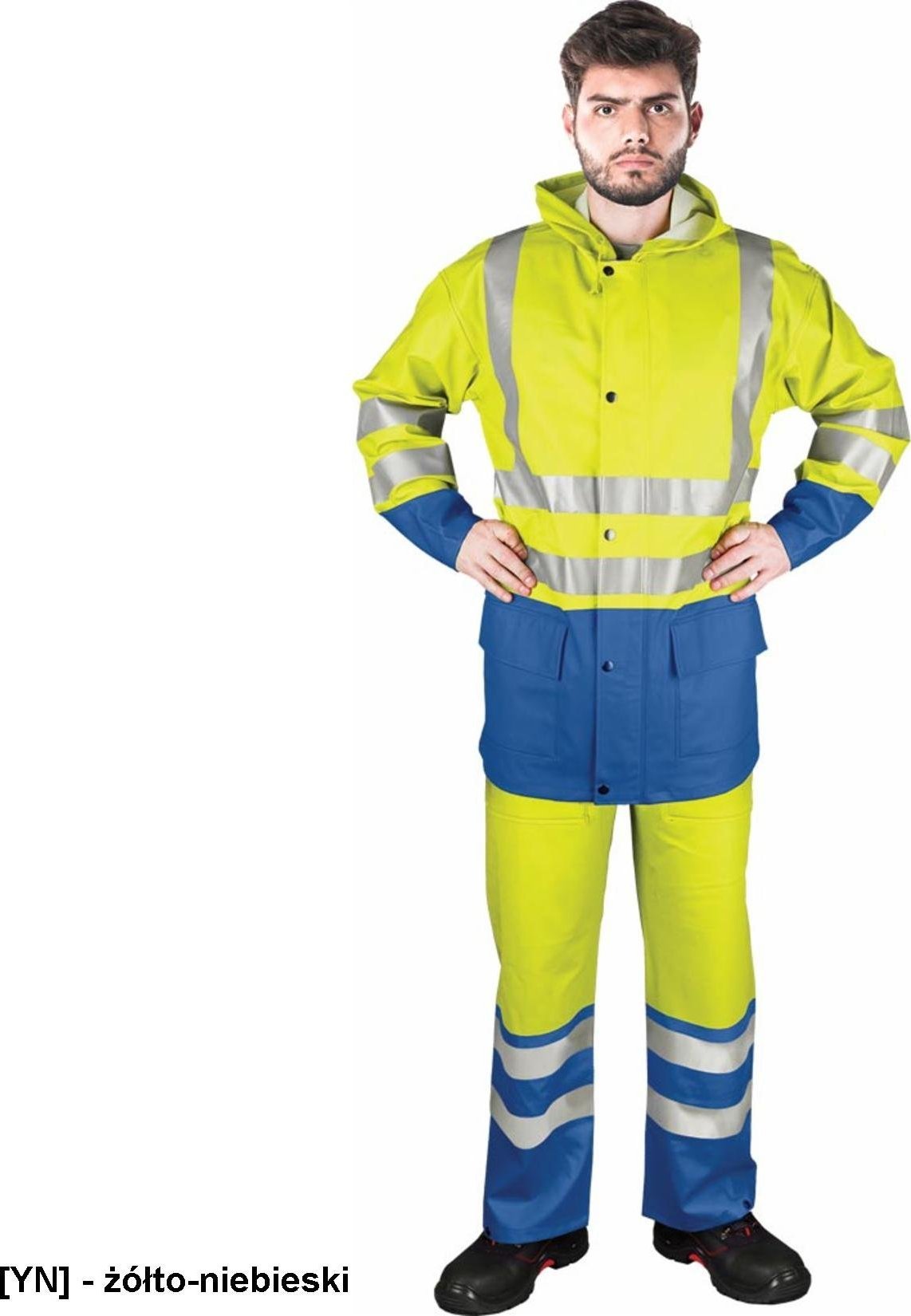 R.E.I.S. KPLPUFLUO - komplet przeciwdeszczowy bluza + ogrodniczki, kaptur, wysoka wytrzymałość - żółto-niebieski 3XL