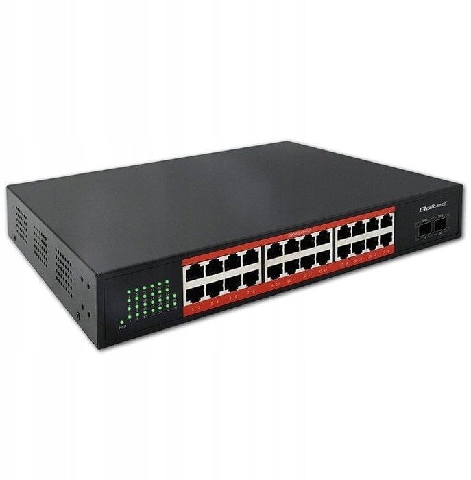 Switch niezarządzalny Qoltec przełącznik sieciowy Gigabit Ethernet PoE | 24x RJ45 | 2x SFP | 1000 Mb/s