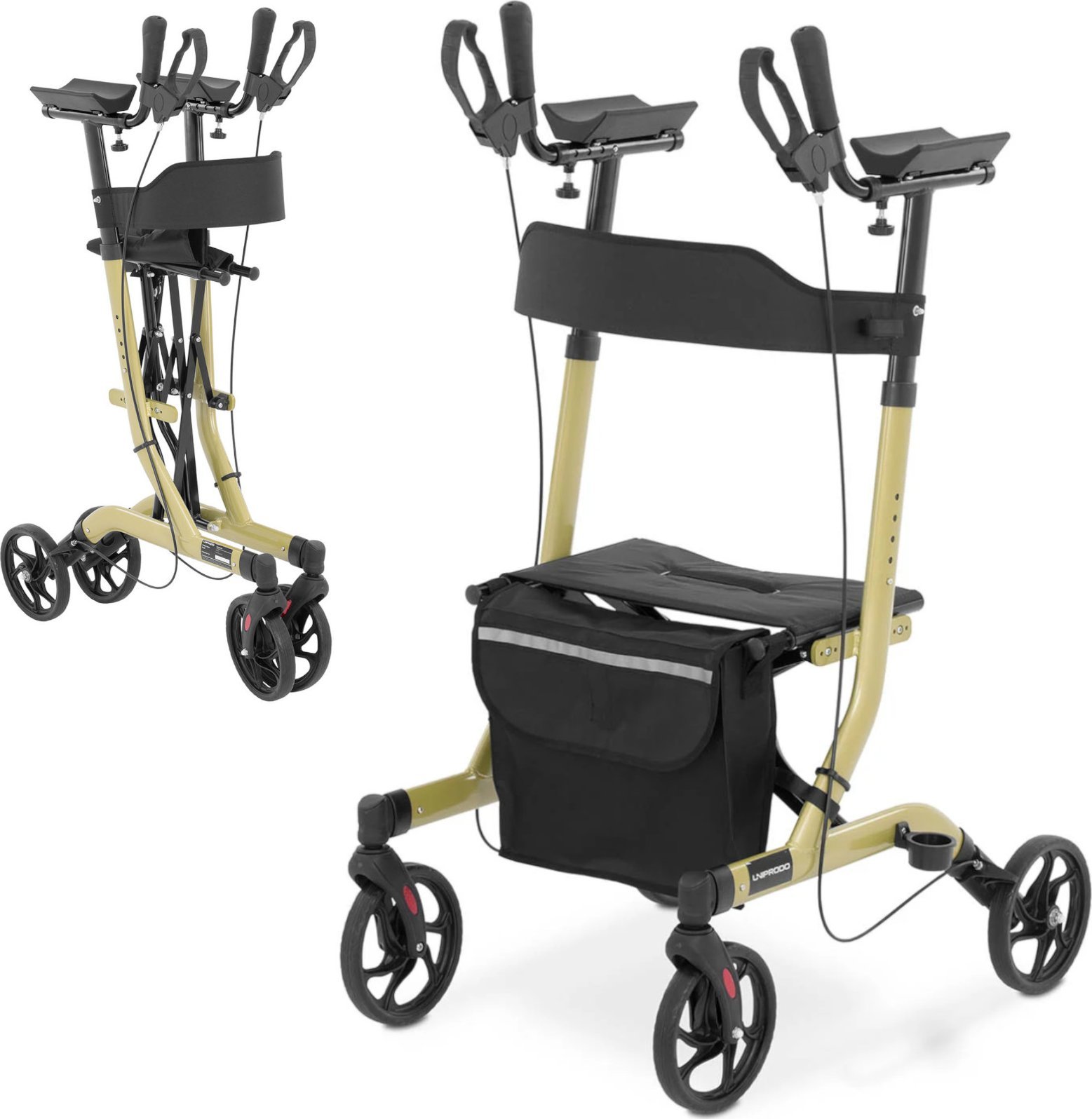 Uniprodo Balkonik chodzik czterokołowy składany dla seniora z siedziskiem i torbą do 136kg Balkonik chodzik czterokołowy składany dla seniora z siedzi