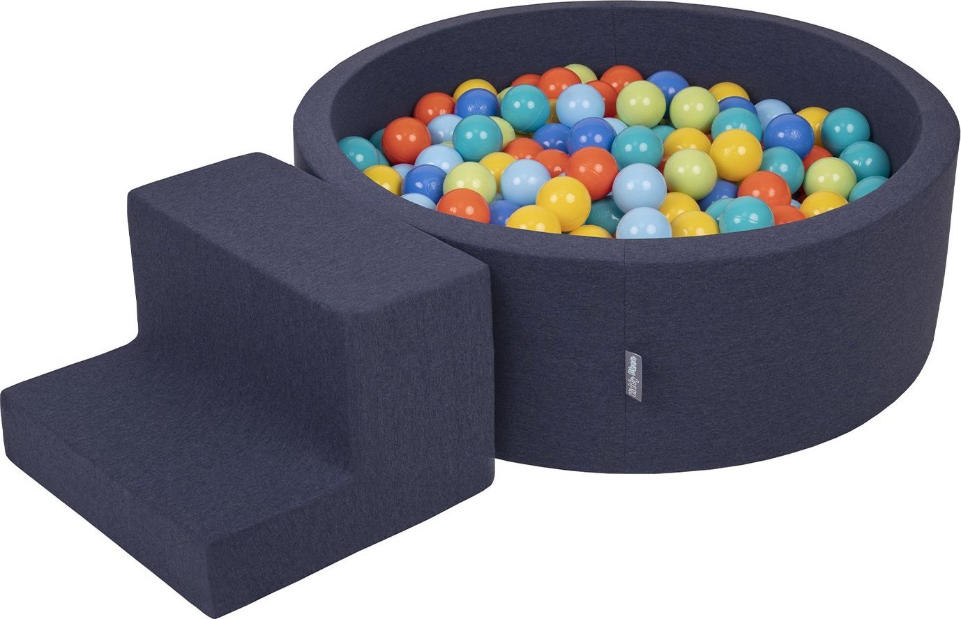 KiddyMoon Piankowy plac zabaw PPZP-OK30D-122 z piłeczkami granatowy: jasny zielony-pomarańcz-turkus-niebieski-babyblue-żółty basen 100/schodek Zabawka