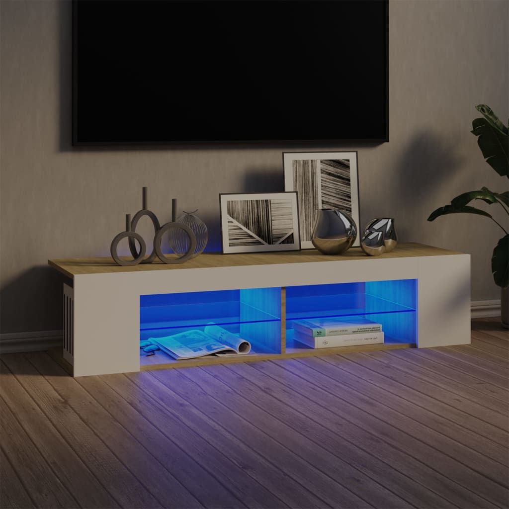 vidaXL Szafka TV z oświetleniem LED, biel i dąb sonoma, 135x39x30 cm
