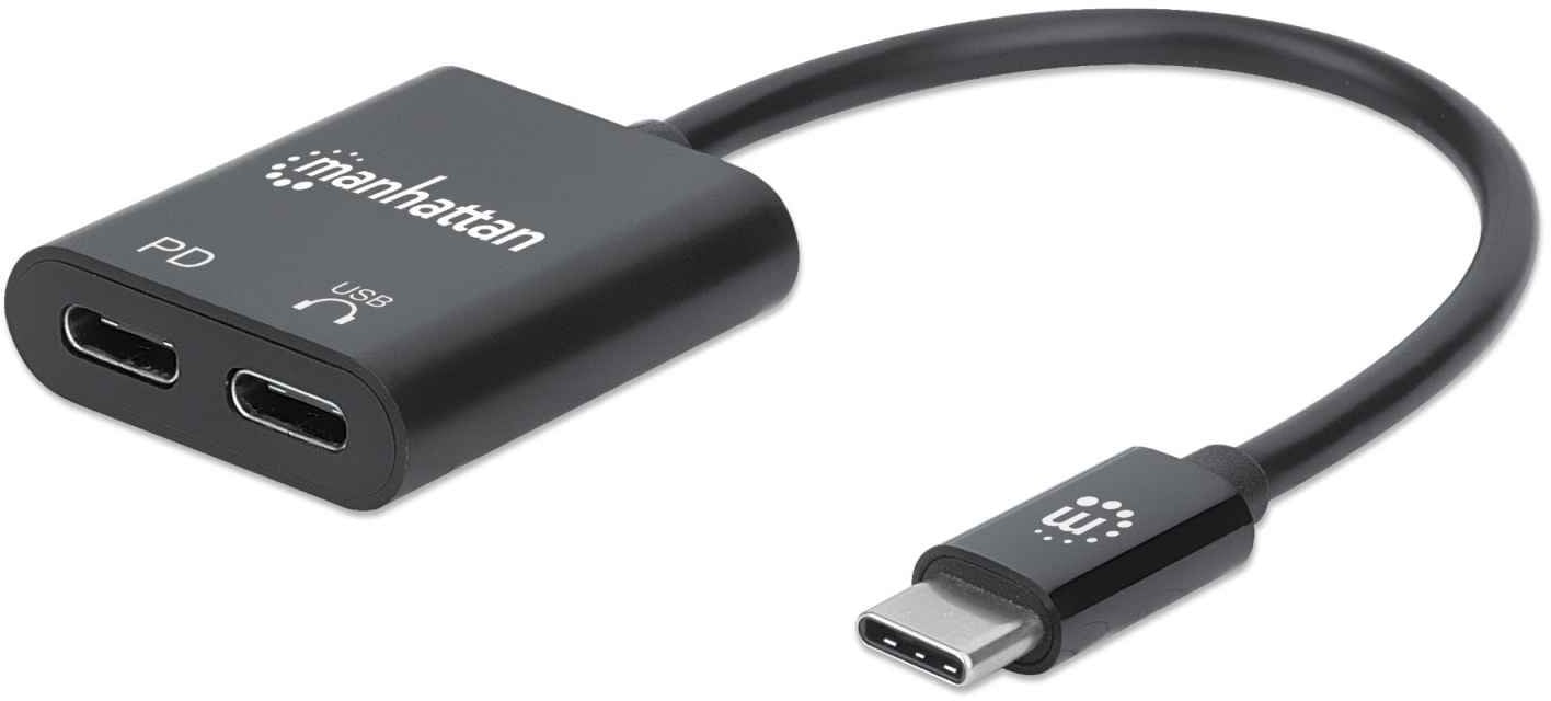 MANHATTAN USB-C Audioadapter mit Power Delivery-Ladeport USB-C Stecker auf USB-C Audioport und USB-C Power Delivery Port schwarz
