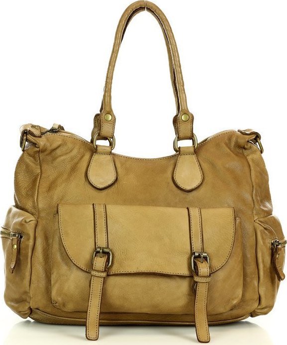 Marco Mazzini handmade Pojemna torba damska na ramię z kieszeniami skóra naturalna - MARCO MAZZINI beż NoSize