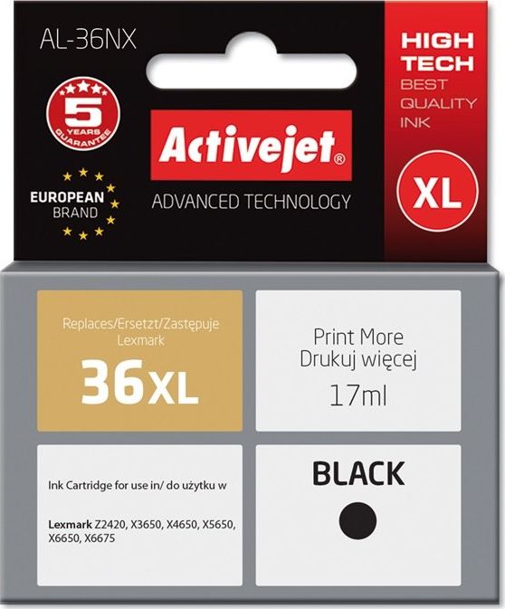 Tusz Activejet Activejet Tusz Activejet AL-36NX (zamiennik Lexmark 36XL 18C2170E; Supreme; 17 ml; czarny)