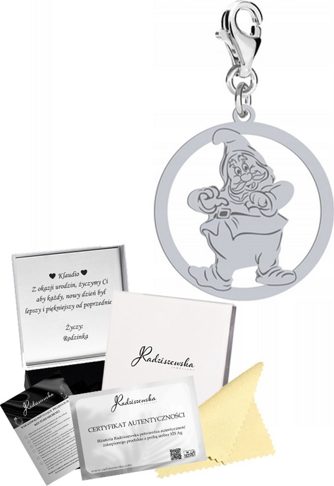 Radziszewska Jewellery Charms Srebrny Krasnal Prezent Biżuteria Zawieszka ŻYCZENIA GRATIS