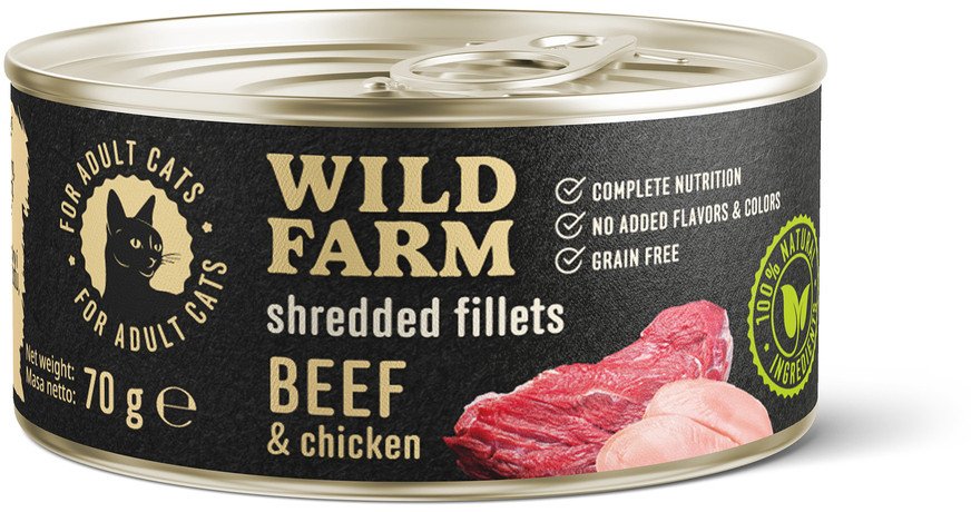 WILD FARM Fillets Beef&Chicken 70g - bezzbożowa mokra karma dla kota, filet w bulionie
