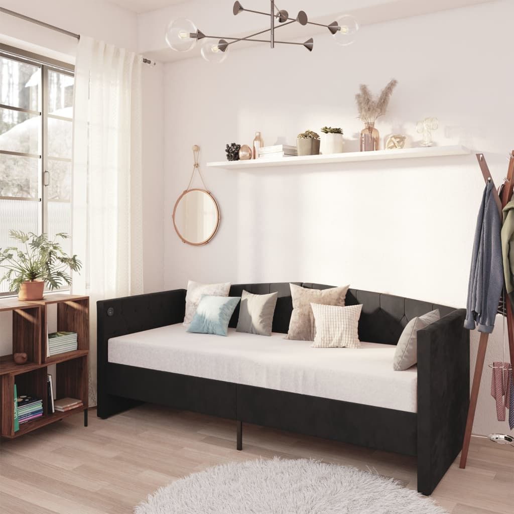 vidaXL Łóżko dzienne z materacem i USB, czarny aksamit, 90x200 cm