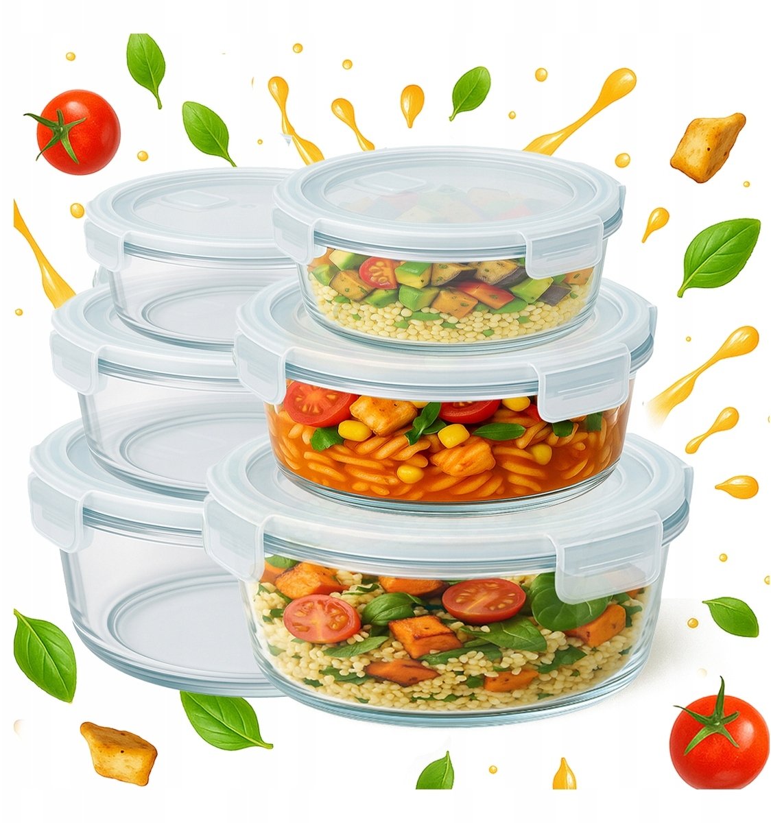 3x Pojemniki SZKLANE Okrągłe Hermetyczne Na Żywność Posiłek LUNCHBOX ZESTAW