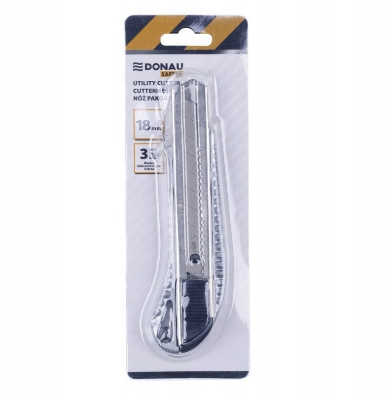 Nóż pakowy DONAU SAFETY, wymienne ostrze, metalowy, blister, srebrny