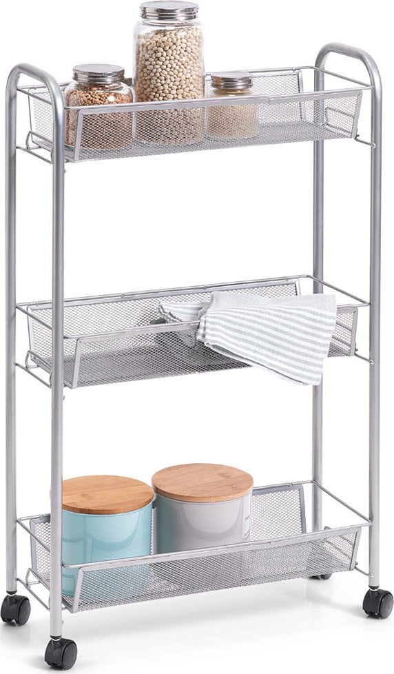 Zeller Wielofunkcyjny mobilny organizer do kuchni lub łazienki, 3 siatkowe półki , 4 kółka, materiał metal, marki Zeller