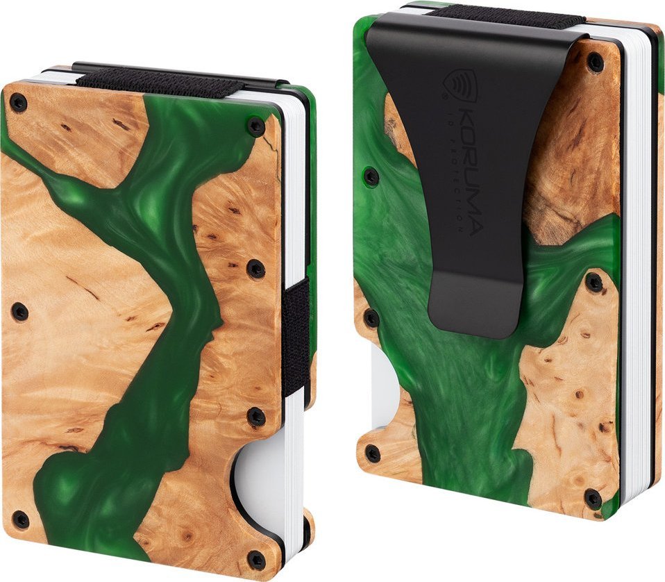 KORUMA Aluminiowe etui z klipsem na karty kredytowe (drewno + zielona żywica) Uniwersalny