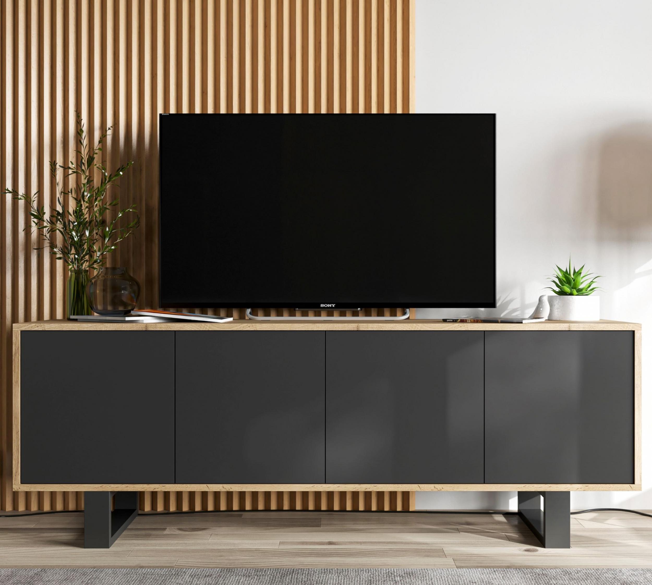 Meble Lindner Nowoczesna Szafka RTV Loft Industrialna Komoda RTV 150 cm Wotan czarny MAT