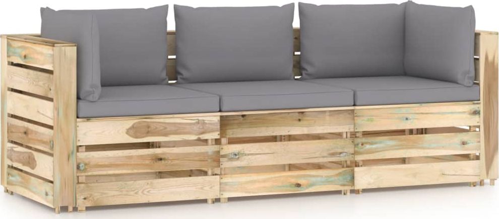 vidaXL Ogrodowa sofa 3-os z poduszkami, impregnowane drewno, szara