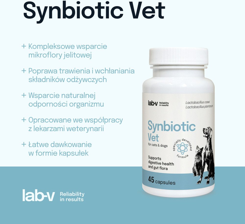 LAB-V Synbiotic Vet Wsparcie zdrowia układu pokarmowego i mikroflory jelitowej dla psów i kotów 45 kapsułek