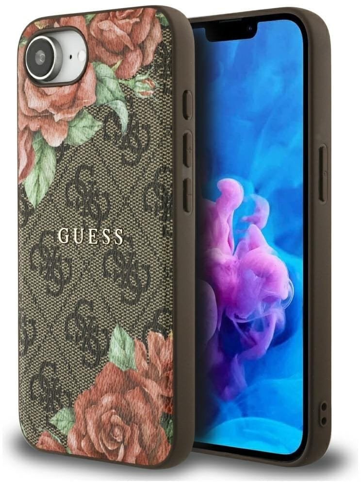 Etui Guess 4G Flowers Print MagSafe do iPhone 16e brązowy