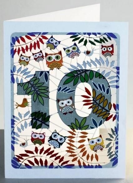 Forever Cards Karnet PM810 wycinany + koperta Urodziny 10 sowy