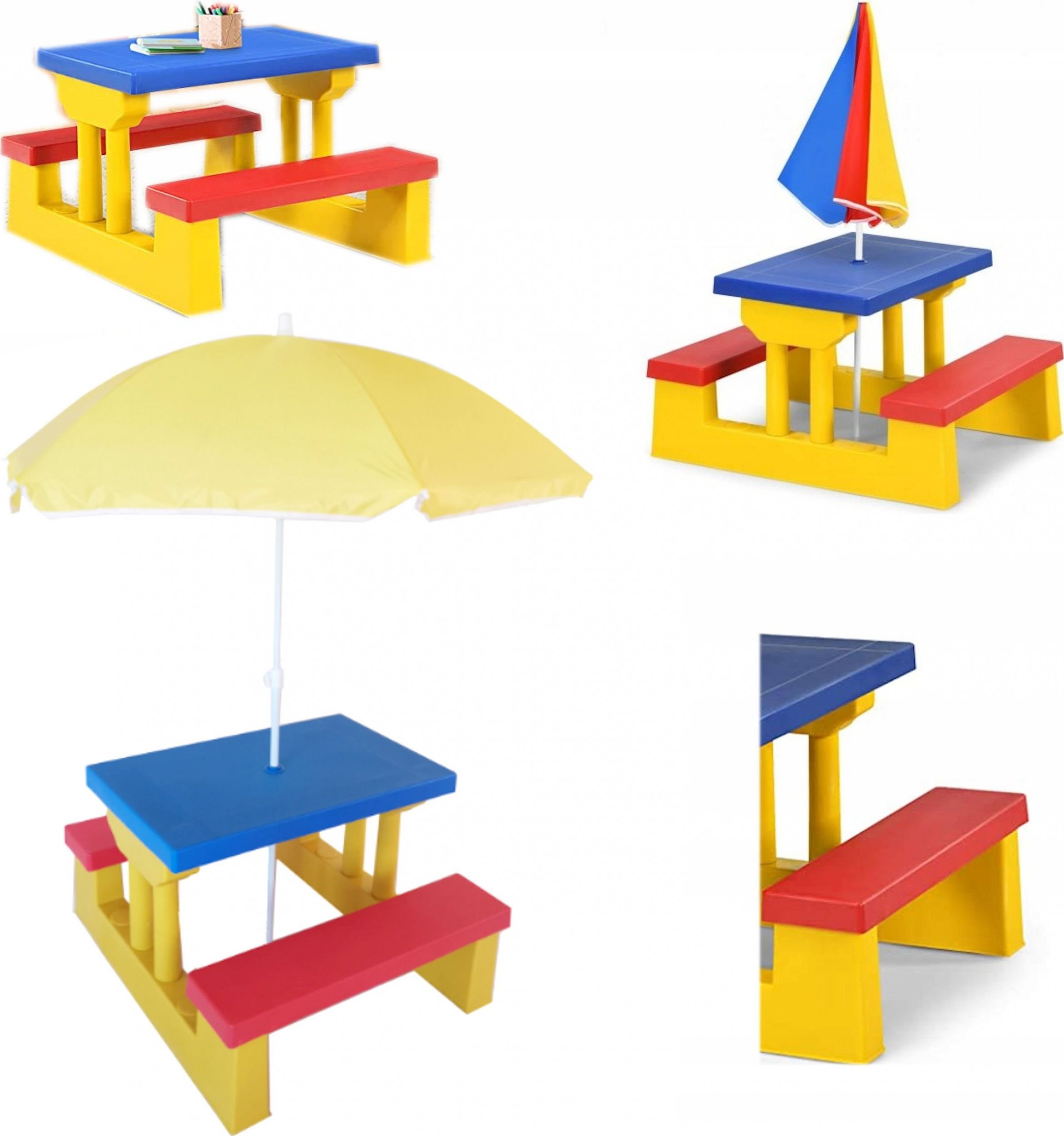 Coil Stół ogrodowy piknikowy dla dzieci z parasolem i ławkami żółto-niebiesko-czerwony