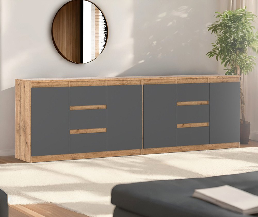 Komoda 240cm Szafka Loft Z 6 Szufladami Nowoczesna Dąb Wotan Szary Mat