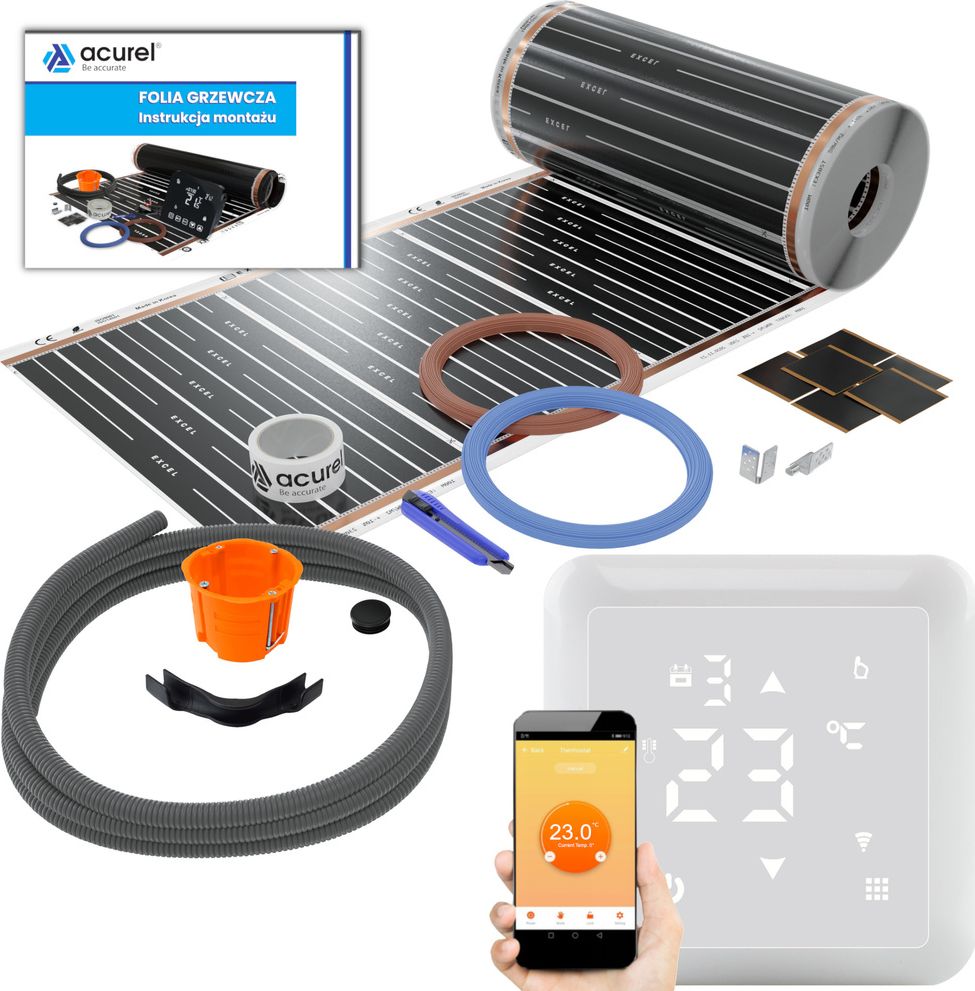 Acurel Termostat WiFi do ogrzewania elektrycznego + folia grzewcza 1,5m2 + akcesoria montażowe