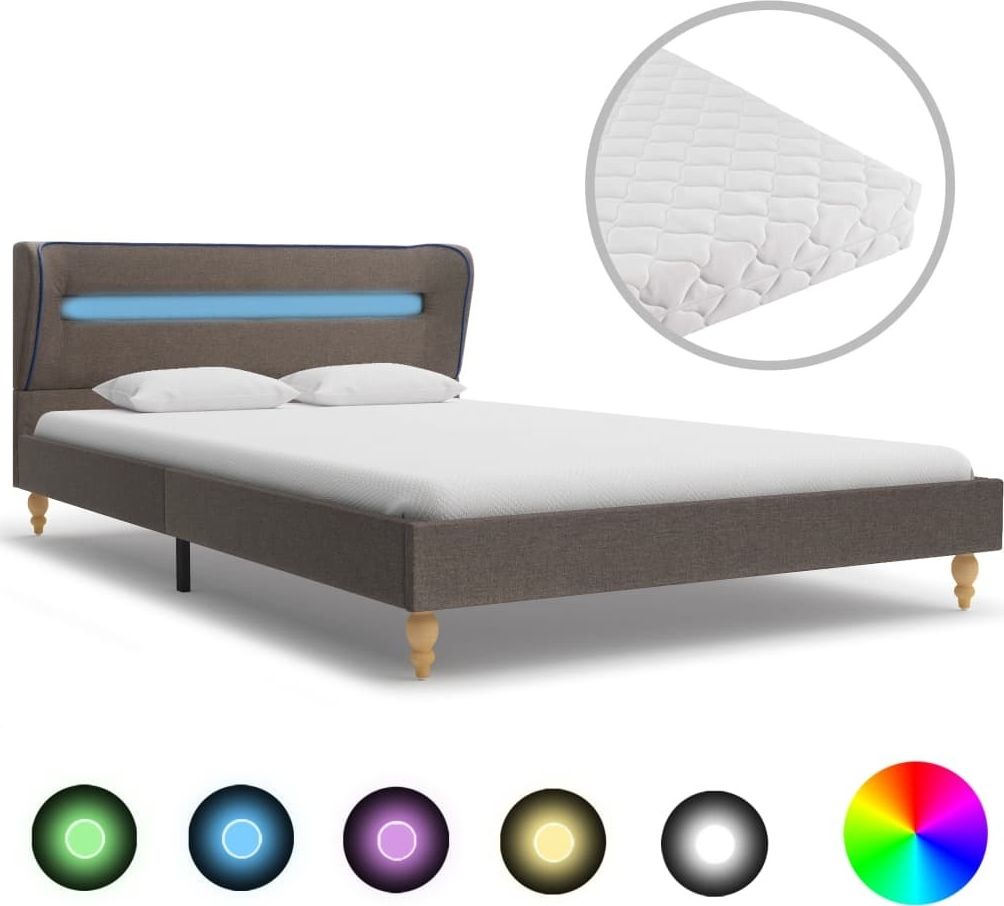 vidaXL Łóżko LED z materacem, taupe, tkanina, 140 x 200 cm