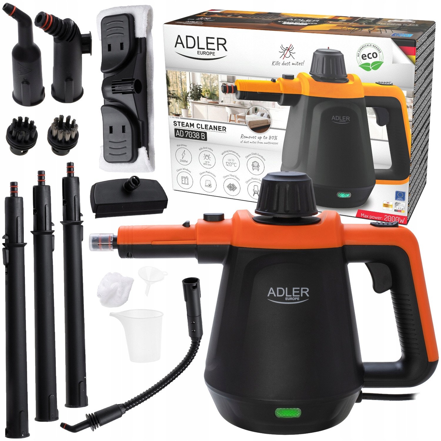 Myjka Parowa Parownica Czyścik Mop Parowy Ad7038 Black +Zestaw Końcówek Xxl