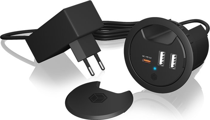 Icy Box IB-HUB1407 3 Port ładowarka do biurka, 2x USB-A, 1x USB-C, otwór 60mm