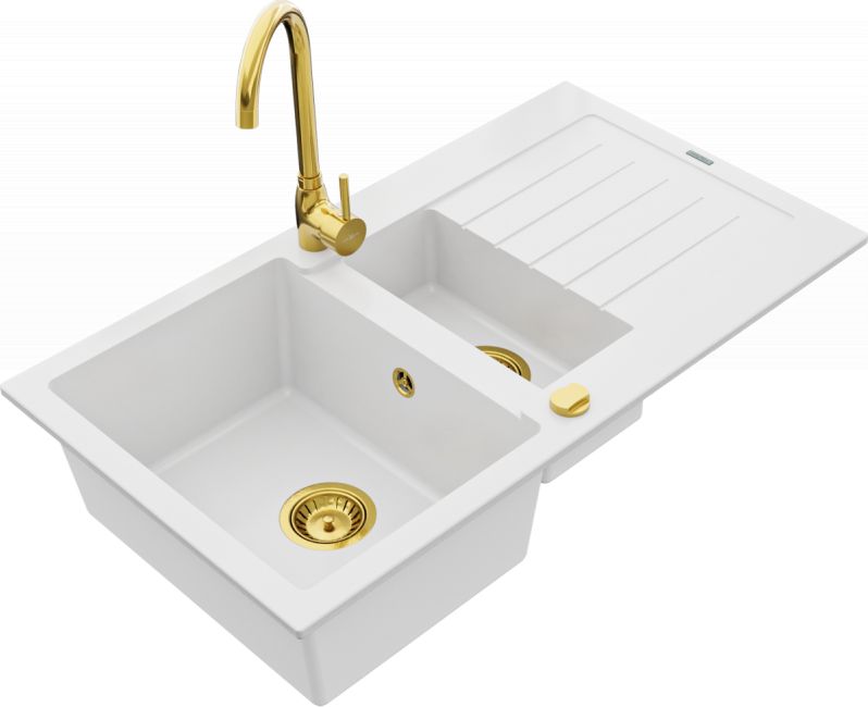 Zlewozmywak Mexen Mexen Matias zlewozmywak granitowy 1,5-komorowy z ociekaczem i baterią kuchenną Telma, biały - 6502-20-670200-50