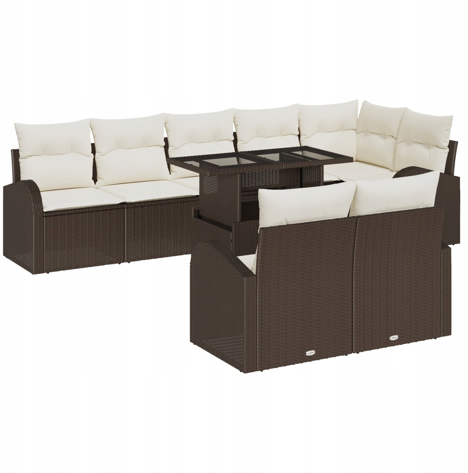 9-elementowy zestaw ogrodowy z poduszkami Brązowy Poli Rattan, 2-osobowa sofa ogrodowa z miejscem na przechowywanie i poduszkami Brązowy Poli Rattan
