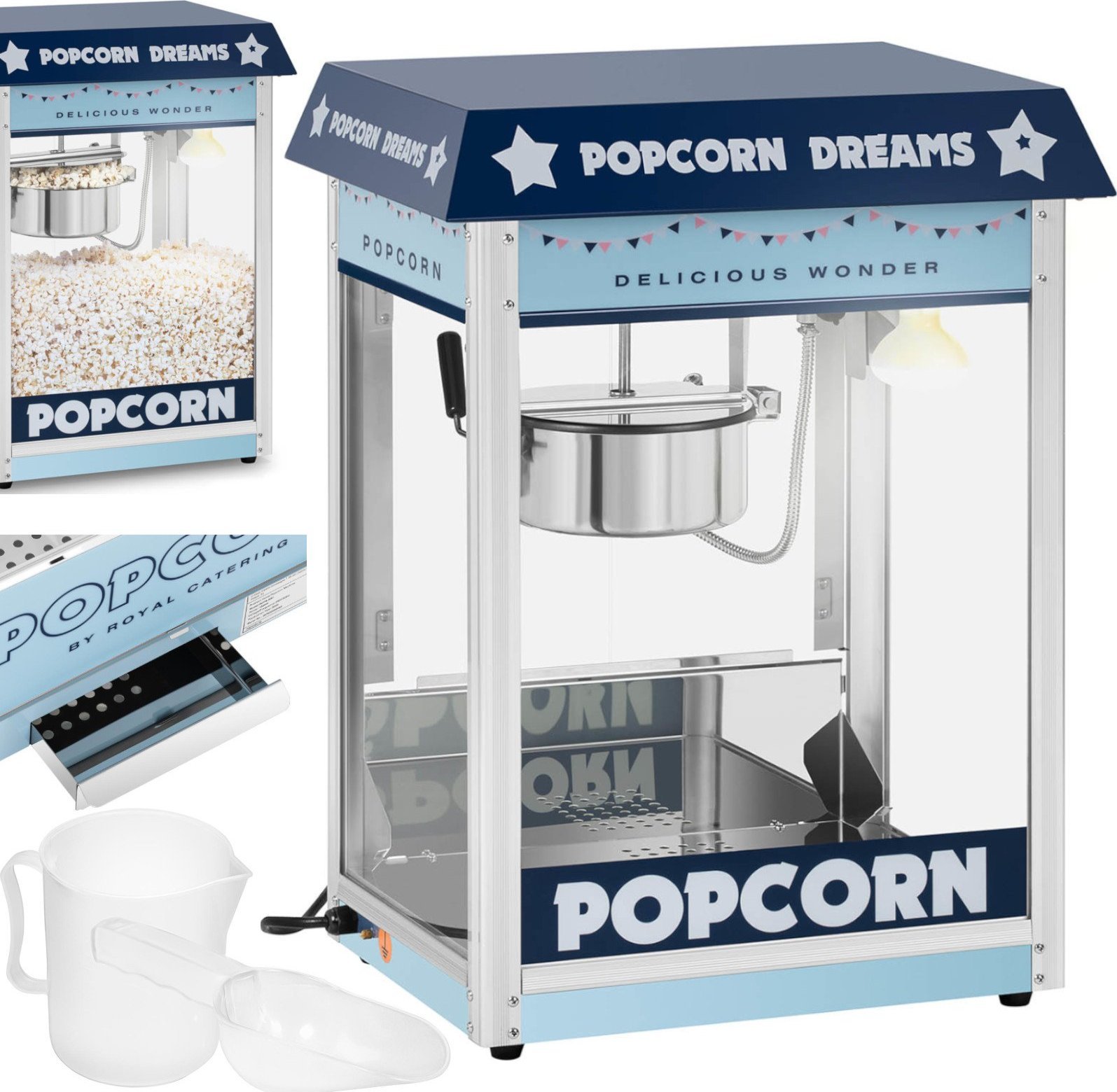 Royal Catering Maszyna automat urządzenie do prażenia popcornu retro TEFLON 1600 W 5-6 kg/h - niebieska Maszyna automat urządzenie do prażenia popcorn