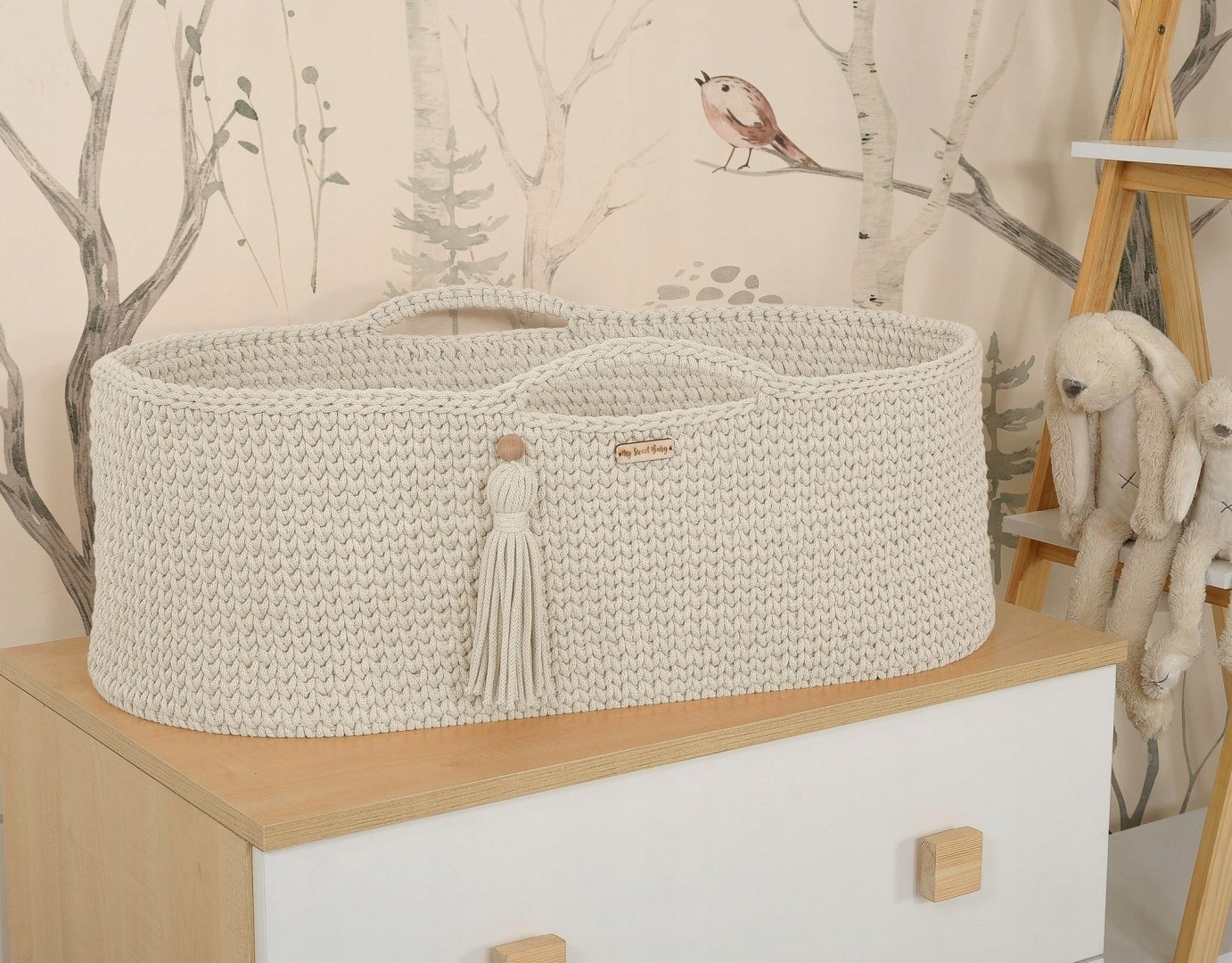 Kosz Mojżesza BOHO bawełniany Handmade z materacykiem - śmietanka