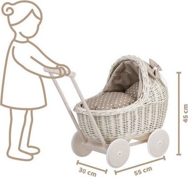 WickerPL Lili WYBIELANY WIKLINOWY WÓZEK DLA LALEK Z Beżowym OBSZYCIEM 48X28 H26/47 CM standard