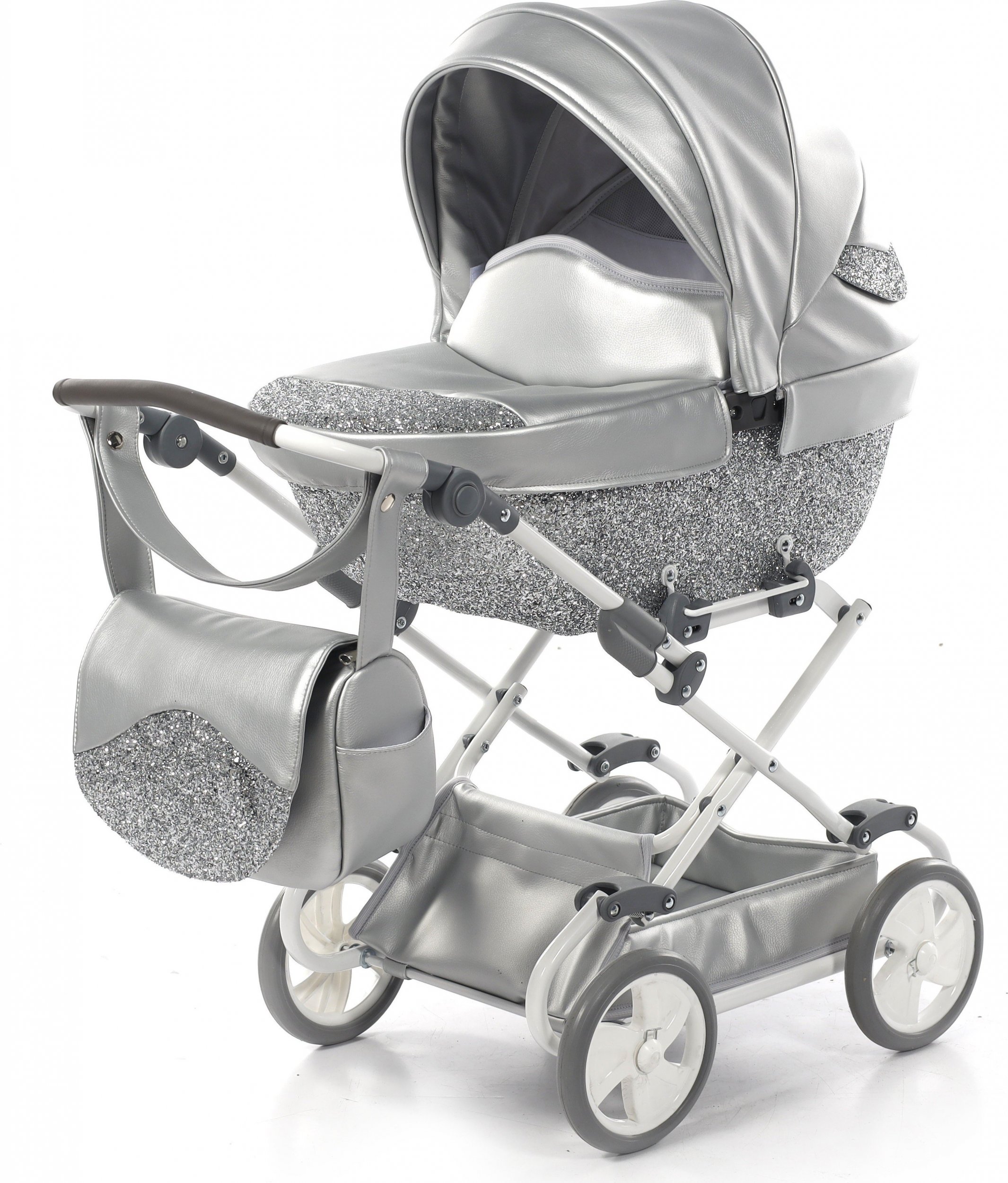 Tako JUNAMA wózek dla lalek brokatowy GLITTER mini srebrny eko skóra