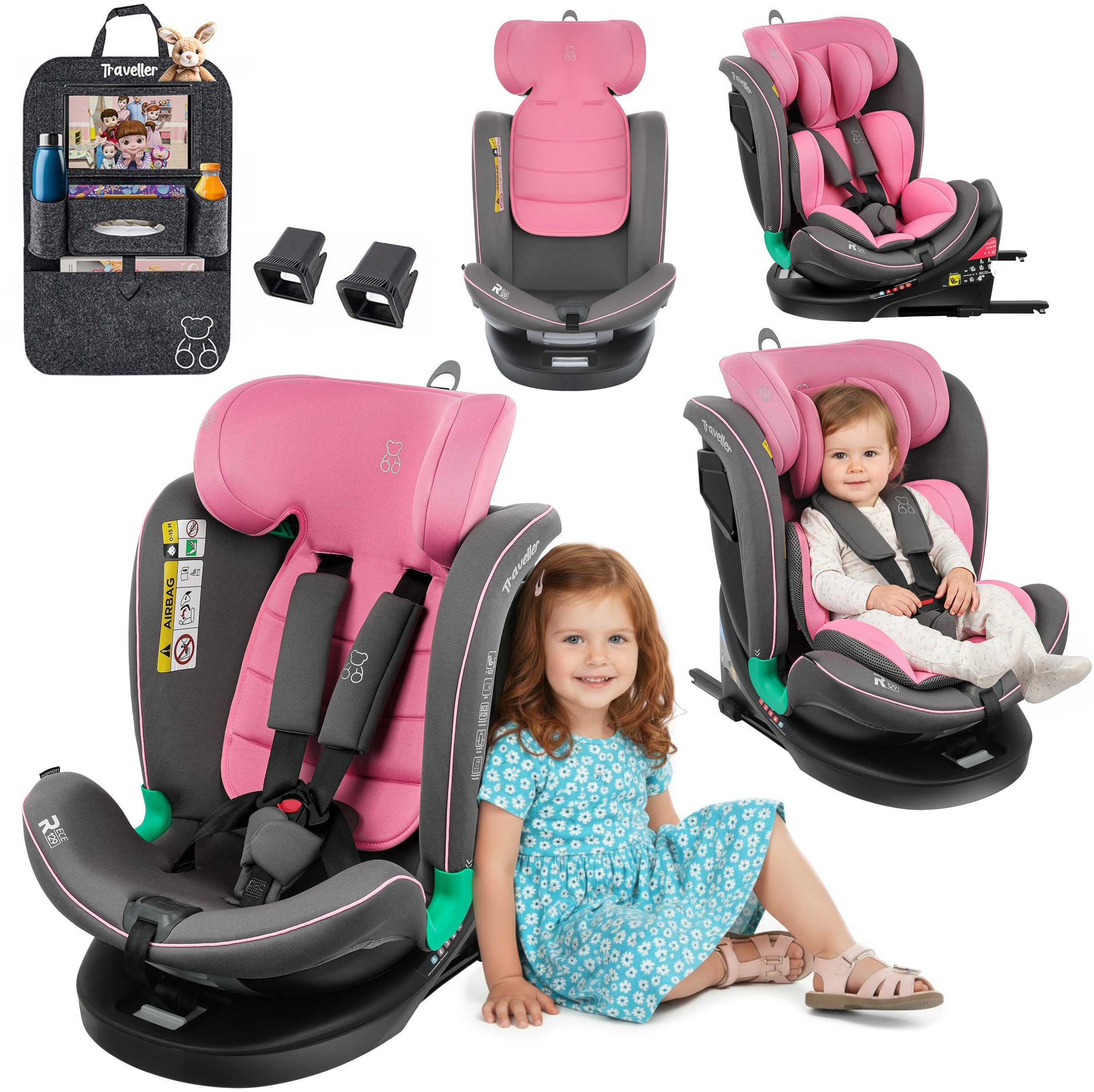 Fotelik samochodowy KinderKraft FOTELIK SAMOCHODOWY rotacyjny LEONARDO 360 różowo-szary 40-150 CM R129 ISOFIX