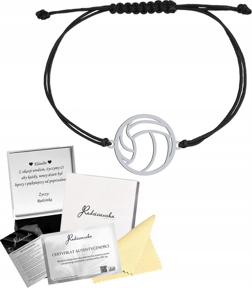 Radziszewska Jewellery Bransoletka Piłka do Siatkówki SREBRO 925 Sznurek Prezent DEDYKACJA GRATIS