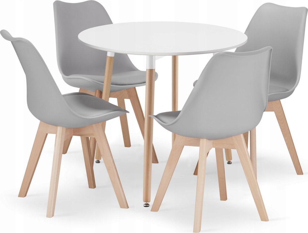 Leobert Zestaw stół okrągły KAMI 80 biały + 4 krzesła MARK szare