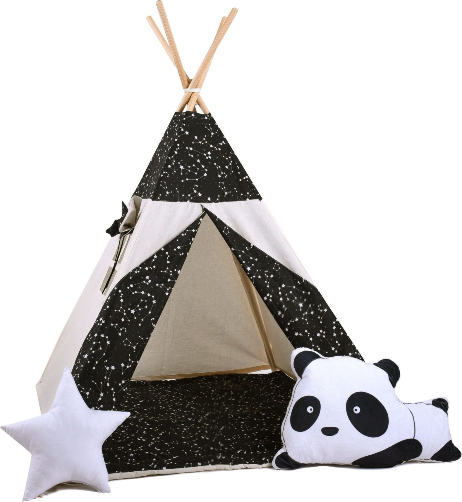 SowkaDesign Namiot tipi dla dzieci, bawełna, okienko, panda, nocne niebo