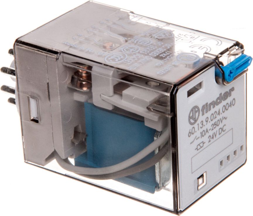 Finder Przekaźnik miniaturowy 3P 10A 24V DC przycisk testujący mechaniczny wskaźnik zadziałania AgNi 60.13.9.024.0040