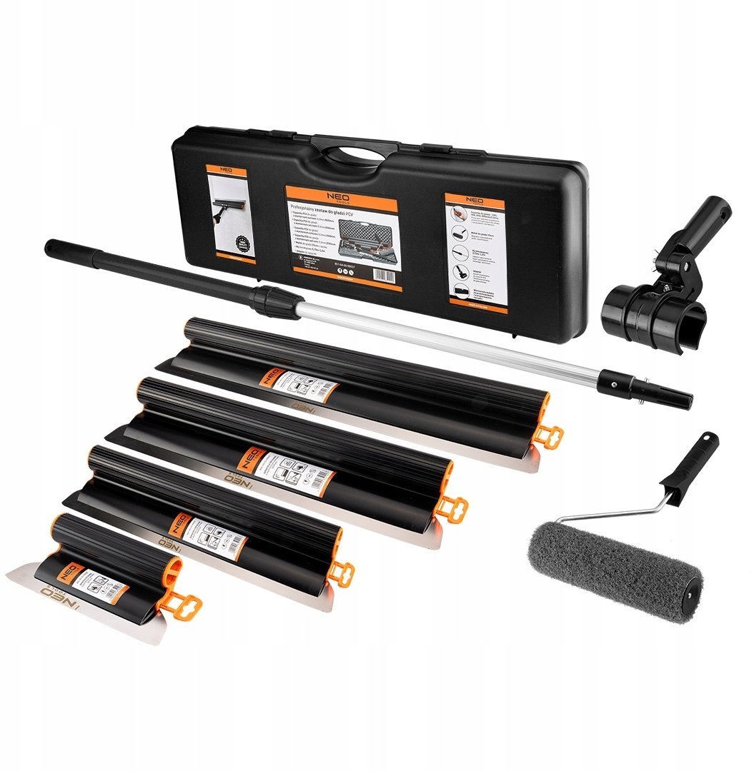 Zestaw szpachli do gładzi, kij teleskopowy, adapter, wałek do gładzi, pakowany w walizce