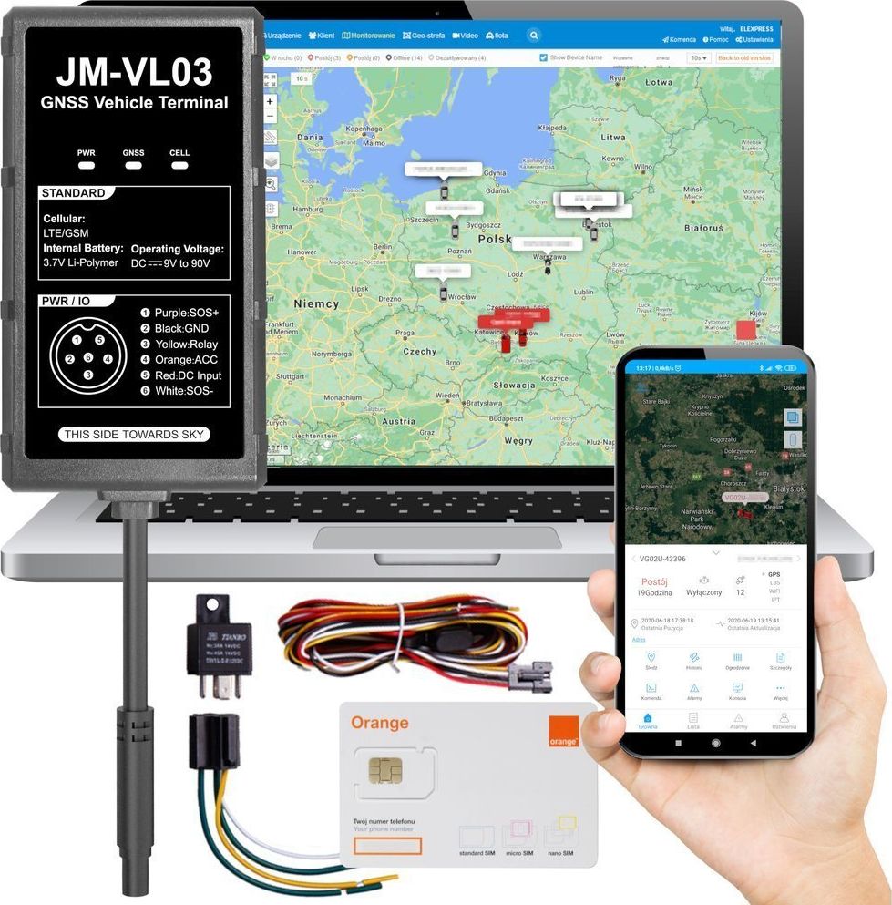 Moduł GPS Jimi IoT Lokalizator GPS 4G 9-90V + karta Orange + dożywotni dostęp do Tracksolid